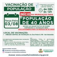 Vacinação contra Covid para pessoas com 40 anos em Lafaiete nesta terça-feira, 3 de agosto