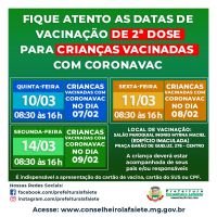 2ª Dose para crianças que tomaram a vacina Coronavac nos dias 7, 8 e 9 de fevereiro.