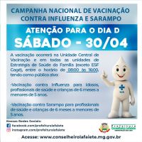 Campanha Nacional de Vacinação contra Influenza e Sarampo neste sábado 30/04
