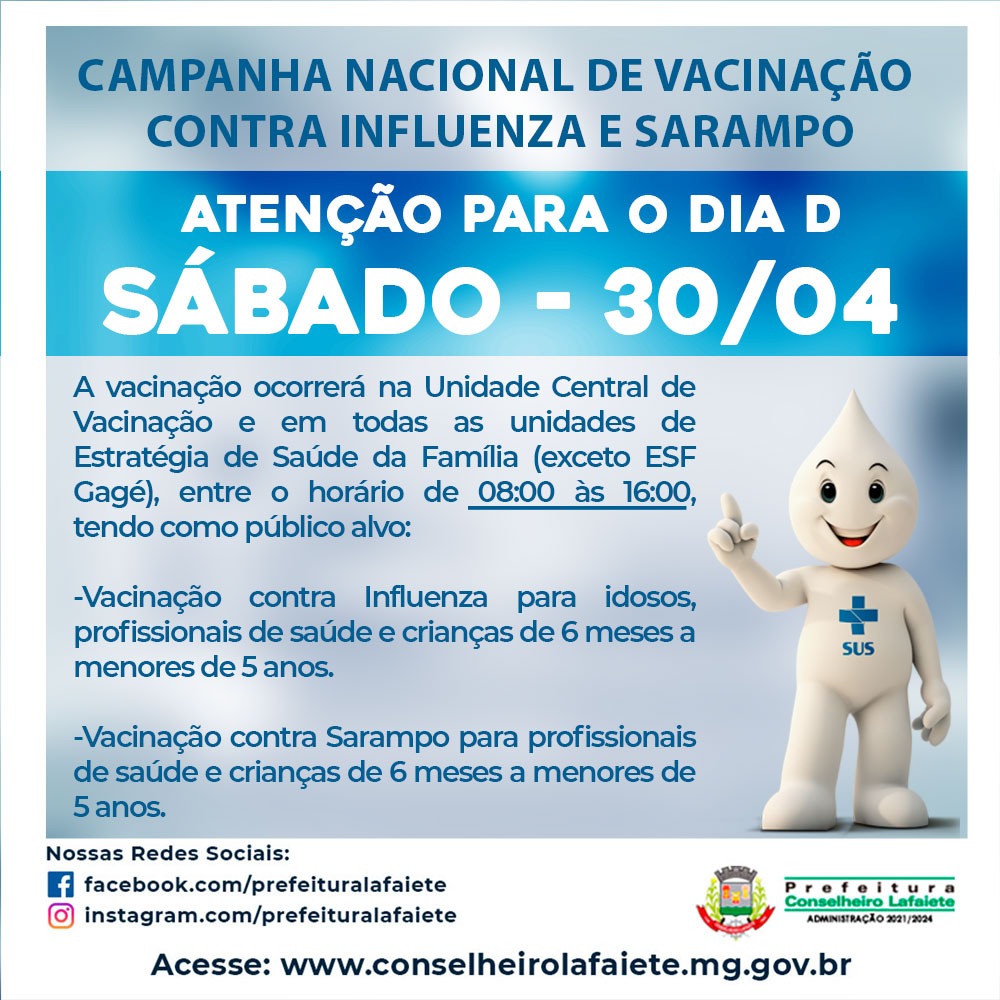 Campanha Nacional de Vacinação contra Influenza e Sarampo neste sábado 30/04