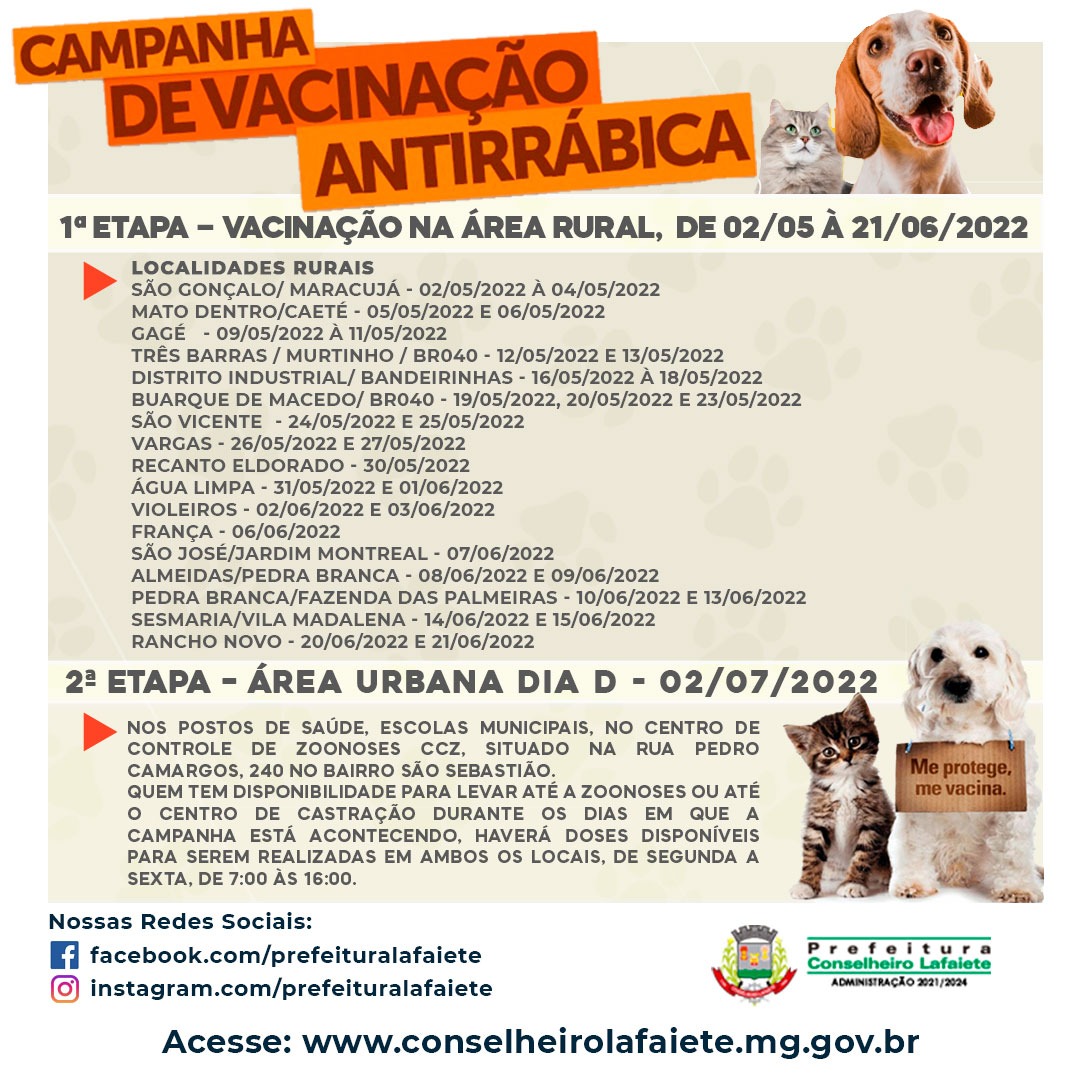 Vacinação antirrábica animal começa nesta segunda 02/05 na zona rural em Lafaiete