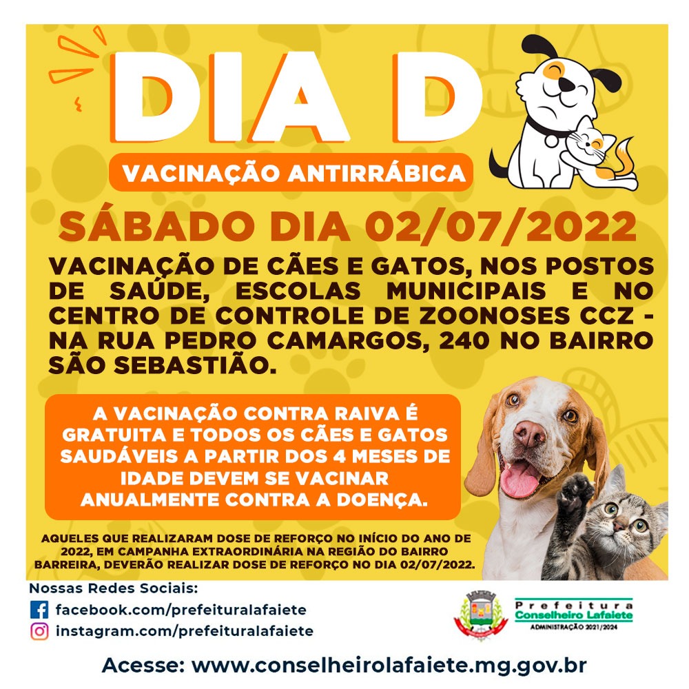 Vacinação para cães e gatos nesse sábado, dia 2 em Lafaiete