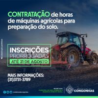 Prorrogadas as inscrições até dia 31 de agosto para contratação de horas para o preparo do solo para plantio pela máquina agrícola nas propriedades rurais do Município.