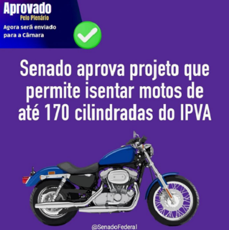 IPVA zero para motos de até 170 cilindradas é autorizado no Senado