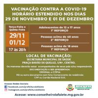 Horário estendido para vacinação em Lafaiete dias 29/11 e 1°/12