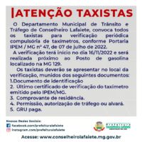 Departamento de Trânsito de Lafaiete convoca taxistas para verificação  de taxímetros