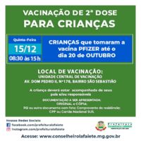 Vacinação de 2ª dose para crianças que tomaram a vacina pfizer até o dia 20/10, será nesta quinta-feira