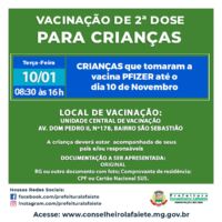 Vacinação de 2ª Dose para crianças tomaram a vacina PFIZER até o dia 10 de novembro