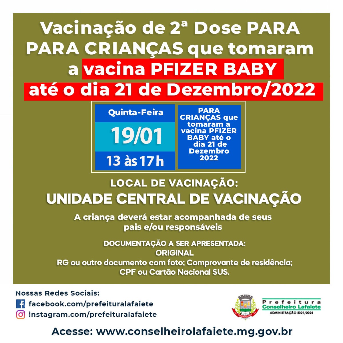 Vacinação de 2ª Dose para crianças que tomaram a vacina Pfizer Baby  até o dia 21 de dezembro/2022