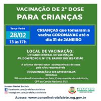 Vacinação de 2ª Dose para crianças que tomaram a CORONAVAC até o dia 31 de janeiro/2023