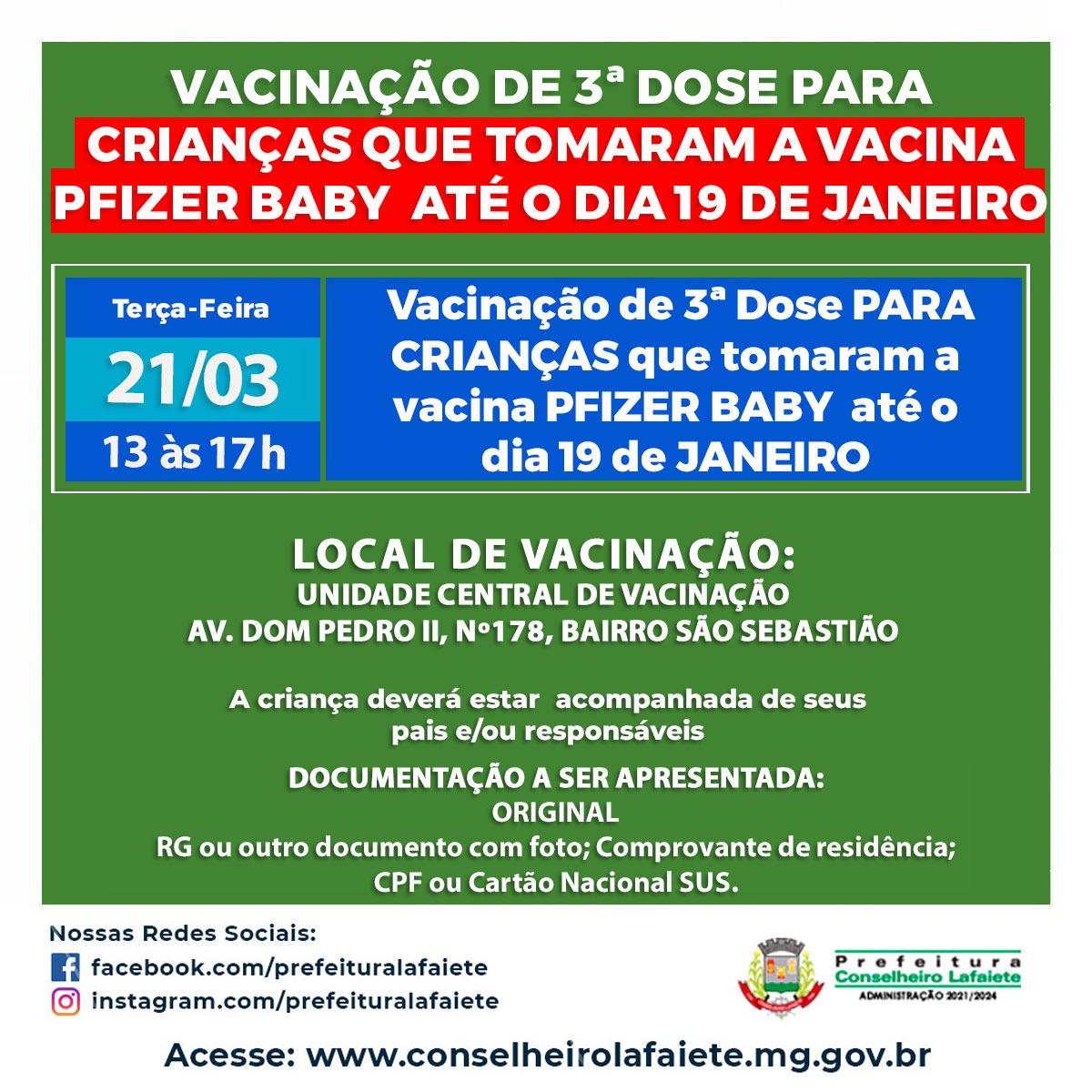 Vacinação de 3ª Dose para crianças que tomaram a vacina PFIZER BABY até o dia 19 de janeiro