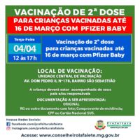 Vacinação de 2ª dose para crianças vacinadas até 16 de março com Pfizer Baby