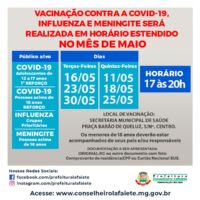 Vacinação contra Covid, Gripe e Meningite em horário estendido durante o mês de maio em Lafaiete