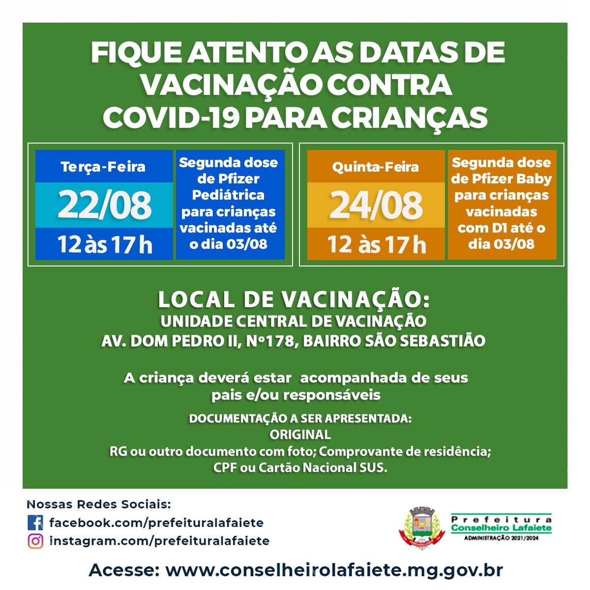Vacinação 2ª dose para crianças com Pfizer Baby e Pfizer Pediátrica dias 22 e 24 de agosto em Lafaiete