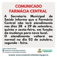 Farmácia Central estará fechada nos dias 28(quinta-feira) e 29 (sexta-feira)