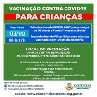 Vacinação Covid para crianças nesta terça-feira 3/10 até às 17h na Unidade de Vacinação