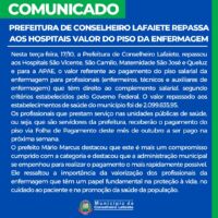 Prefeitura de Conselheiro Lafaiete repassa aos hospitais valor do piso da enfermagem