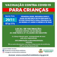 Vacina contra Covid para crianças nesta quarta-feira, 29/11 até às 17h