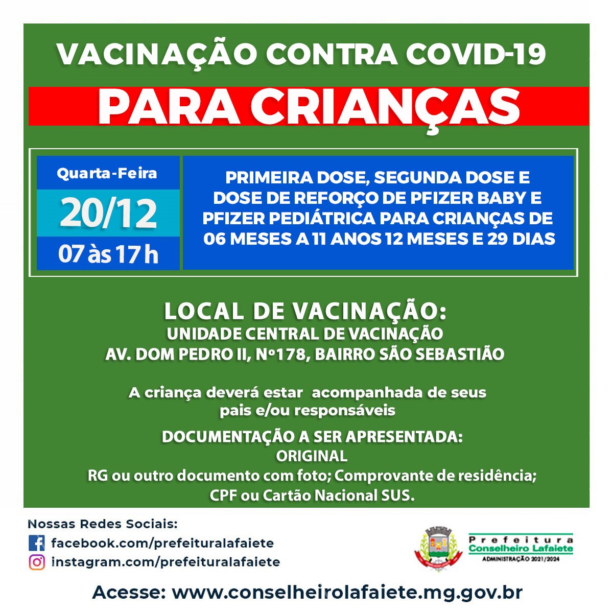 Vacina contra Covid para crianças nesta quarta-feira, 20/12 das 07 às 17h