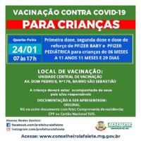 Vacinação contra Covid para crianças nesta quarta-feira, 24 de janeiro
