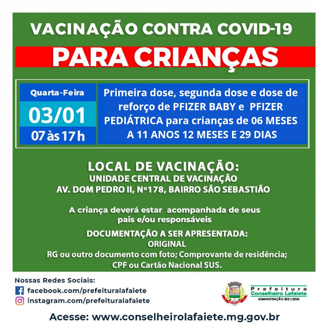 Vacinação para crianças nesta quarta, 03/01 – segunda dose e dose de reforço de PFIZER BABY e PFIZER PEDIÁTRICA