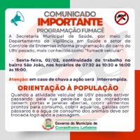 Programação Fumacê nesta sexta-feira 2 de fevereiro em Lafaiete – bairro São João