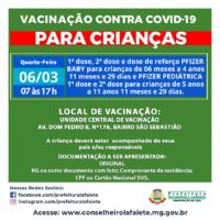 Vacinação para crianças nesta quarta-feira, 6 de março