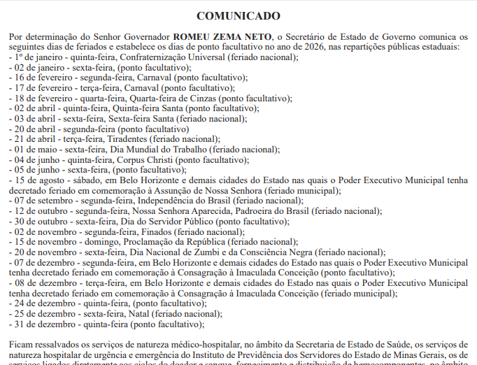 Feriados 2026 Minas Gerais: governo divulga calendário - Imagem do artigo original