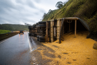 Imagem ilustrativa: Carreta carregada de grãos tomba e bloqueia trecho da br-381 na grande bh